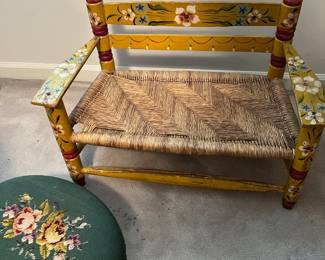 Hand painted child’s bench, needlepoint stool