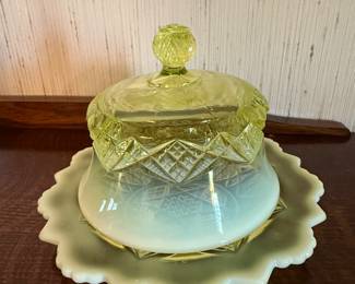 * #14 Vaseline Opalescent Glass Jar $80