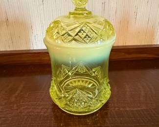* #13 Vaseline Opalescent Glass Jar $80.00