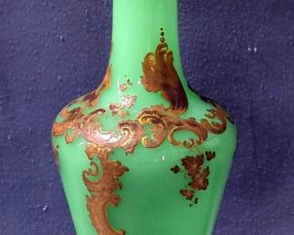 Jadeite Glass Vase with Gold Floral Accents