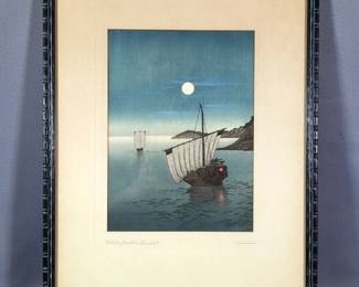 Yoshimune Arai (Japan, 1863-1941) 'Sailing Boats In Moonlight' Print, Signed, Framed And Matted Under Glass