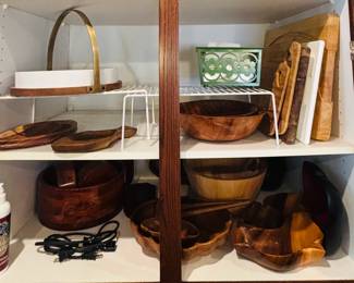 Wood kitchen, serving bowls and platters