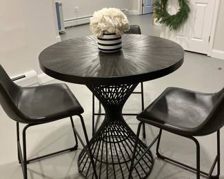 Black high top table Wood with metal base three leather stools great for for apartment or college dorm