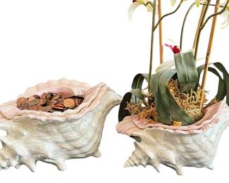 2 Vintage Ceramic Conch Shell Planters
