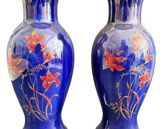 2 Cobalt Blue Handpainted Ceramic Vases