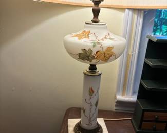 Hand painted milk glass lamp