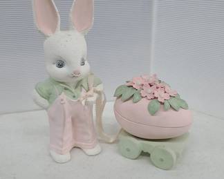 Ceramic Easter Bunny Figure with Egg Trinket Box