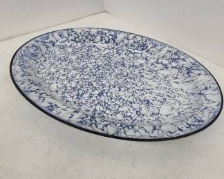Vintage Enamel Ware Blue Splatter Oval Plate