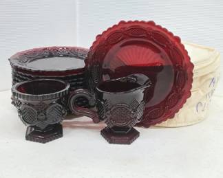 Avon Ruby Red Creamer & Sugar With 12 Plates