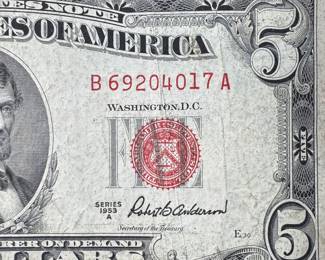 1953 US RED SEAL $5 LEGAL TENDER BANKNOTE / F-1533