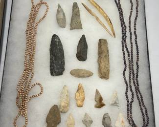 PRE HISTORIC ARTIFACTS COLLECTION, MULTI ARROWHEADS, SPEAR TIPS, DIGGERS, SCRAPERS BONE BEADS AND MORE...