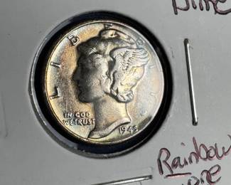 1945 SILVER WINGED LIBERTY (MERCURY) DIME. WITH RAINBOW TONING, AU+