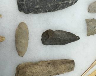 PRE HISTORIC ARTIFACTS COLLECTION, MULTI ARROWHEADS, SPEAR TIPS, DIGGERS, SCRAPERS BONE BEADS AND MORE...