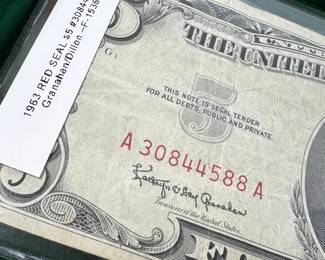1963 US RED SEAL $5 LEGAL TENDER BANKNOTE / F-1536