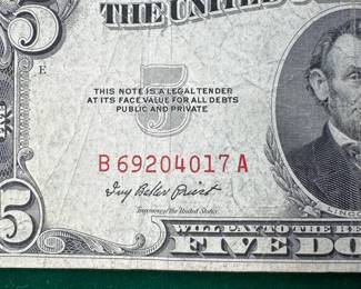 1953 US RED SEAL $5 LEGAL TENDER BANKNOTE / F-1533