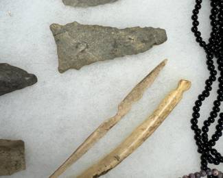 PRE HISTORIC ARTIFACTS COLLECTION, MULTI ARROWHEADS, SPEAR TIPS, DIGGERS, SCRAPERS BONE BEADS AND MORE...