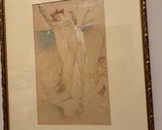 The artwork is signed "A. Calbet", which refers to Antoine Calbet (1860–1944), a French painter, illustrator, and watercolorist known for his sensuous and romantic depictions of women, often in classical or mythological settings. He was especially active during the Belle Époque and contributed illustrations to various books and journals of the time.