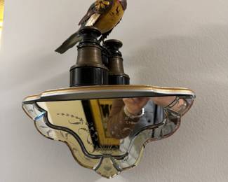 Steampunk art Bird on binoculars.Etched Venetian-Style Mirrored Shelf