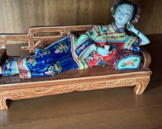 Chinese, Famille Rose, handmade, sleeping beauty, porcelain statue. Approximate size 9.84×5.9×3.93 inches.