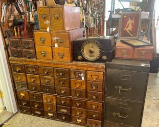 Library card cabinets, antique radio and metal file cabinet
