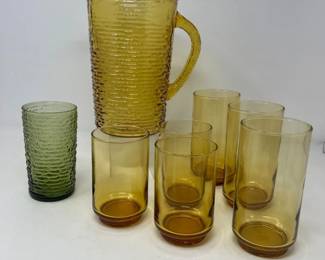 61 GoldSorenoPitcherAvocadoGlasswith1960sAmberTumblersSet