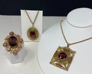 9 TrioAntiquePendantsBroochGoldFilledIntricateDesigns