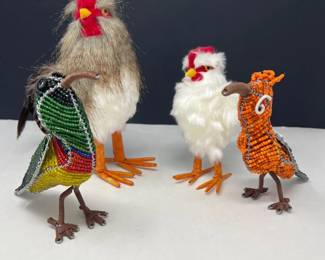 132 NaturalFeatherRoostersWireGlassBeadedBirds