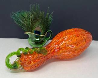 130 OrangeMosaicGlassSquashGreenEAPGPitcherwithPeacockFeathers