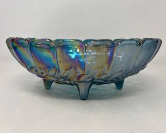 39 IndianaGrapeCableBlueIridescentCarnivalGlassFootedFruitBowl
