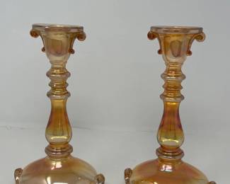 34 VintageMarigoldLustreCarnivalGlassCandleHolders