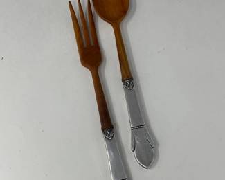 131 SterlingSilverHandledTeakWoodSaladServers