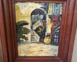 New Orleans courtyard, cypress frame, signed on back