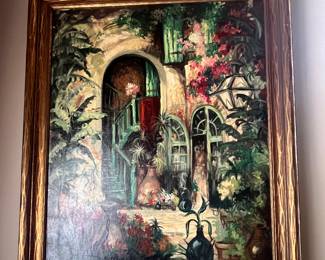 Stunning use of color, New Orleans courtyard, oil on board