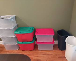 assortment of plastic bins