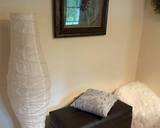 Lamp, bench with storage, wall art