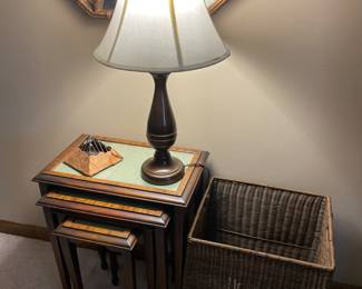 Nesting tables, mirror, and lamp
