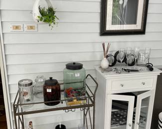 Bar cart, cabinet, and accessories