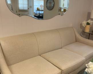 Bassett Contemporary Ivory Fabric Sofa , Gorgeous Vintage Art Deco 1930s Frameless Hanging Wall Mirror