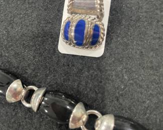 Black onyx, coral and blue lapis gemstone, and sterling silver jewelry