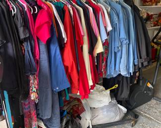 A dozen blue chambray shirts from places they travelled...Disney World, House of Blues Chicago, Ludington and the SS Badger, Michigan lighthouses and more...as well as women's clothes and 30 pairs of shoes