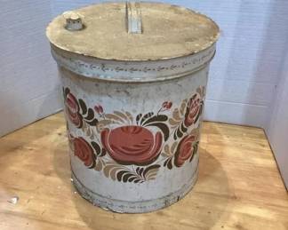 Folk art metal trash can with lid