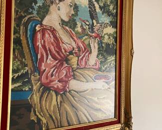 Woman with bird needle .30 x 24 vintage embroidery framed