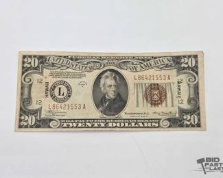 1204 Hawaii Stamped Series 1934 $20 Dollar Banknote