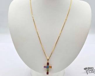 516 14k Gold Necklace with SemiPrecious Stone Cross, 7.6g