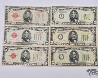 1228 6 $5 Red Green Seal Bills