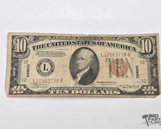 1208 Hawaii Stamped Series 1934 $10 Dollar Banknote
