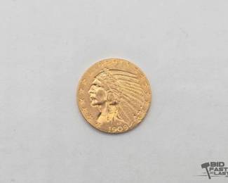 1016 1909 $5 Indian Head Gold Coin, 0.30oz