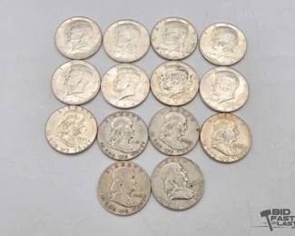 1525 14 Pre 1964 Kennedy Franklin Half Dollar Coins, 174g