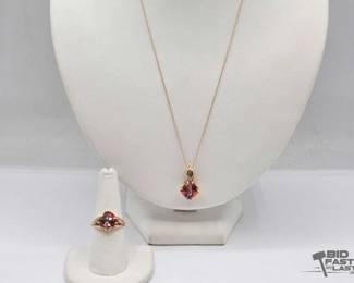 600 10k Gold Diamond and SemiPrecious Stone Ring Necklace, 7.4g