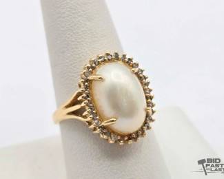 524 14k Gold Pearl and Diamond Ring, 6.1g